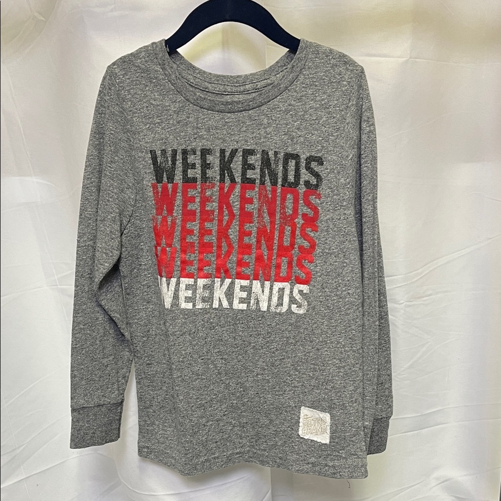 The Original Retro Brand Boys Gray Long Sleeve Tee with 'Weekends' Print size 5